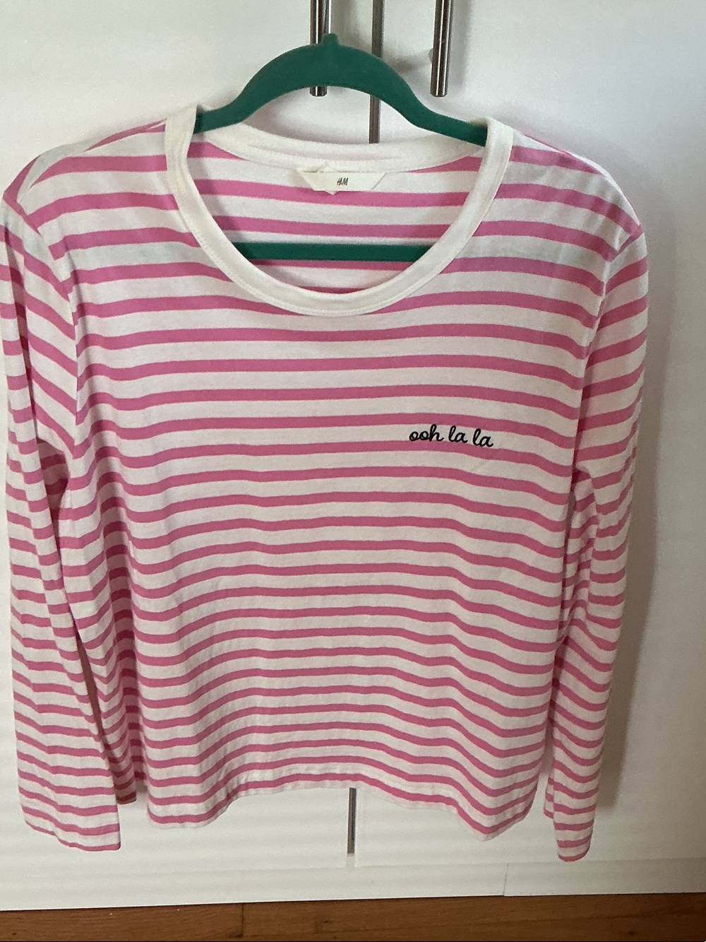 H&M Pink & White Striped Long Sleeve Tee with "ooh la la" Embroidery